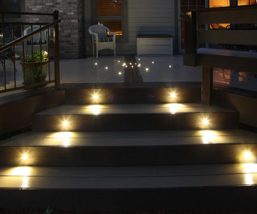 Innovative deck lighting: Dek Dots for the deck pattern used with our classic LED recessed stair lights